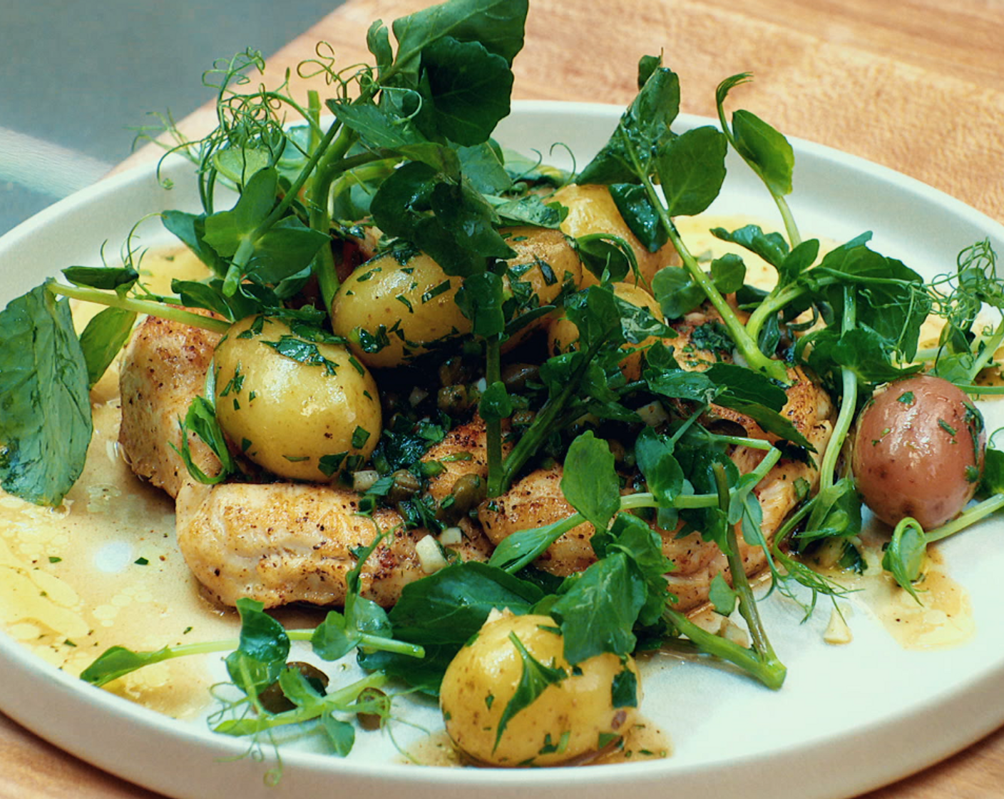 Richard’s Butterflied Chicken Breast with Salsa Verde Potatoes & Watercress Salad