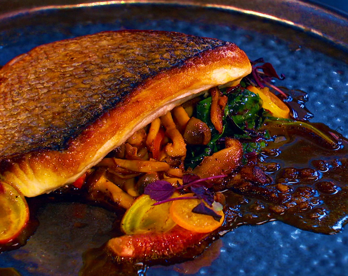 Seared Sea Bass, Roasted Beets, Sautéed Red Pepper & Shimeji Mushrooms, with a Soy, Gochujang & Blood Orange Sauce