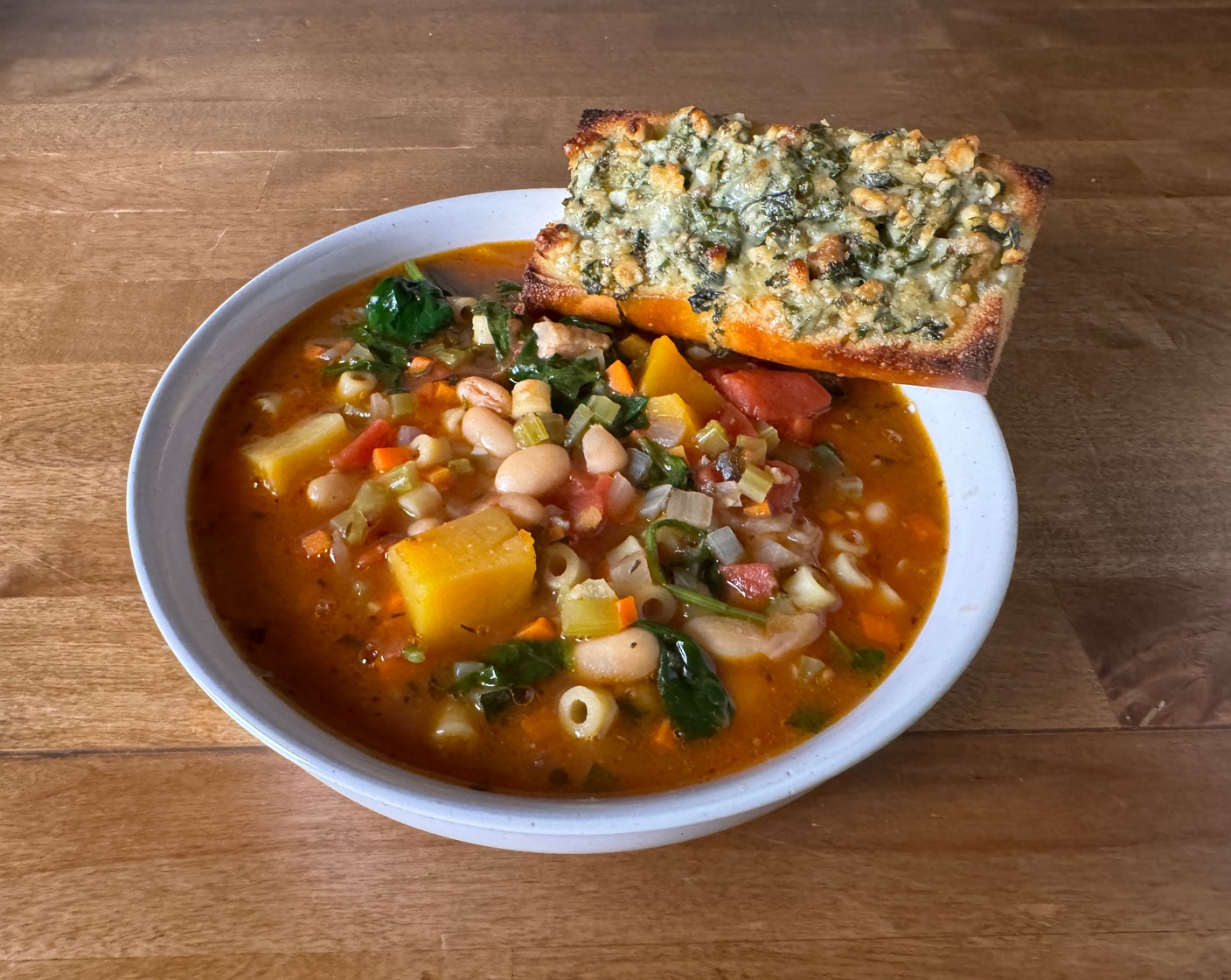 Winter Minestrone with Walnut Pesto Garlic Bread