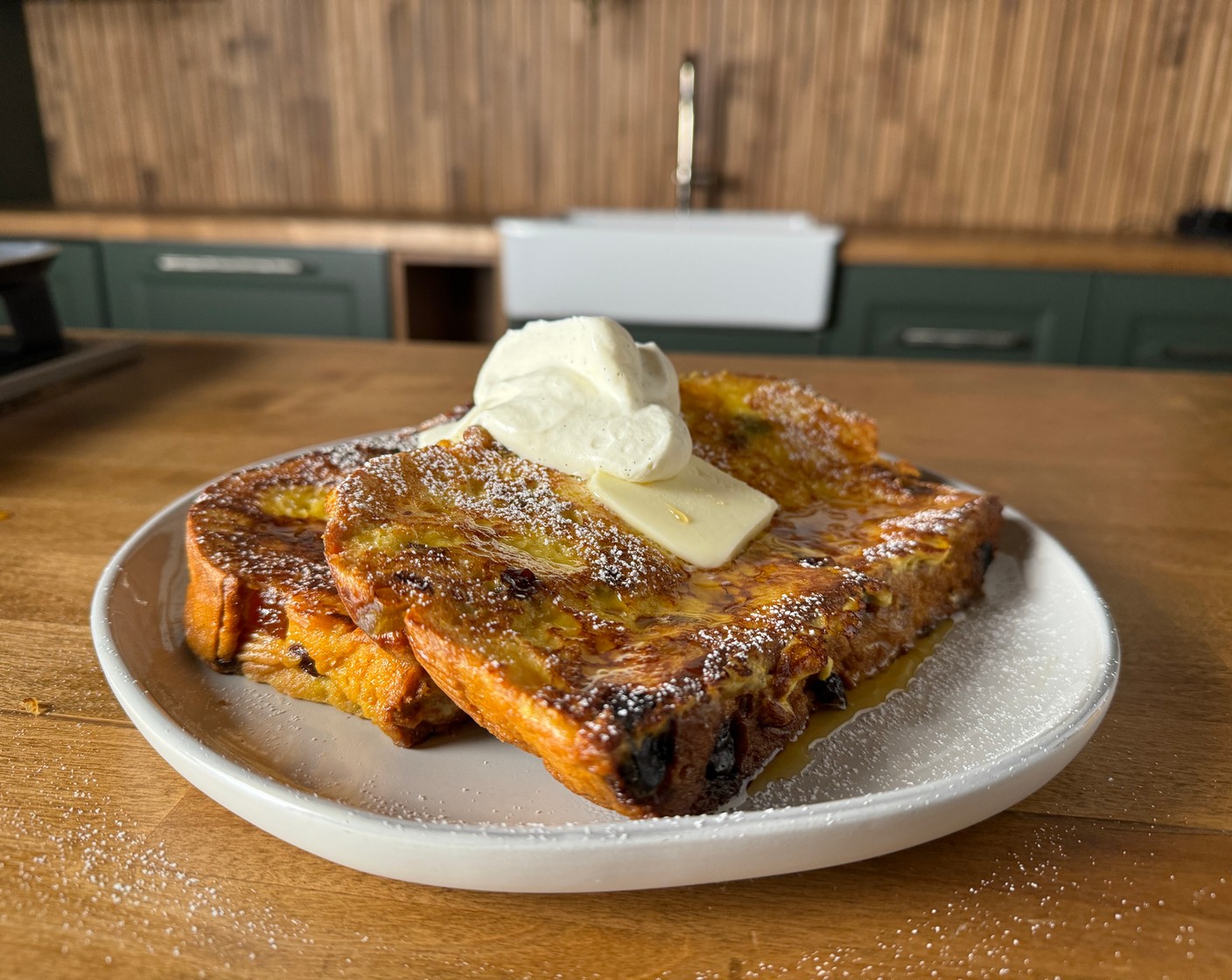 step 5 Remove the French toast from the skillet and serve immediately. Dust with Powdered Confectioners Sugar (to taste) add a drizzle of Maple Syrup (to taste) and dollop of whipped cream.