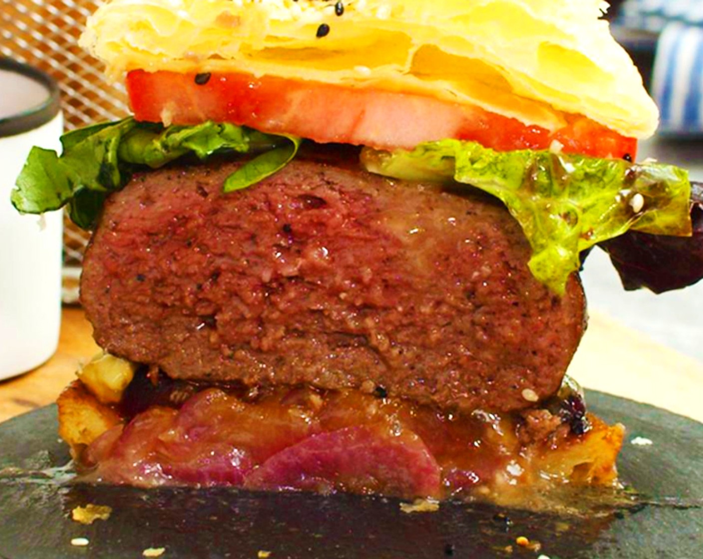 Onion Tatin Apple-Butter Basted Burger with Melted Camembert