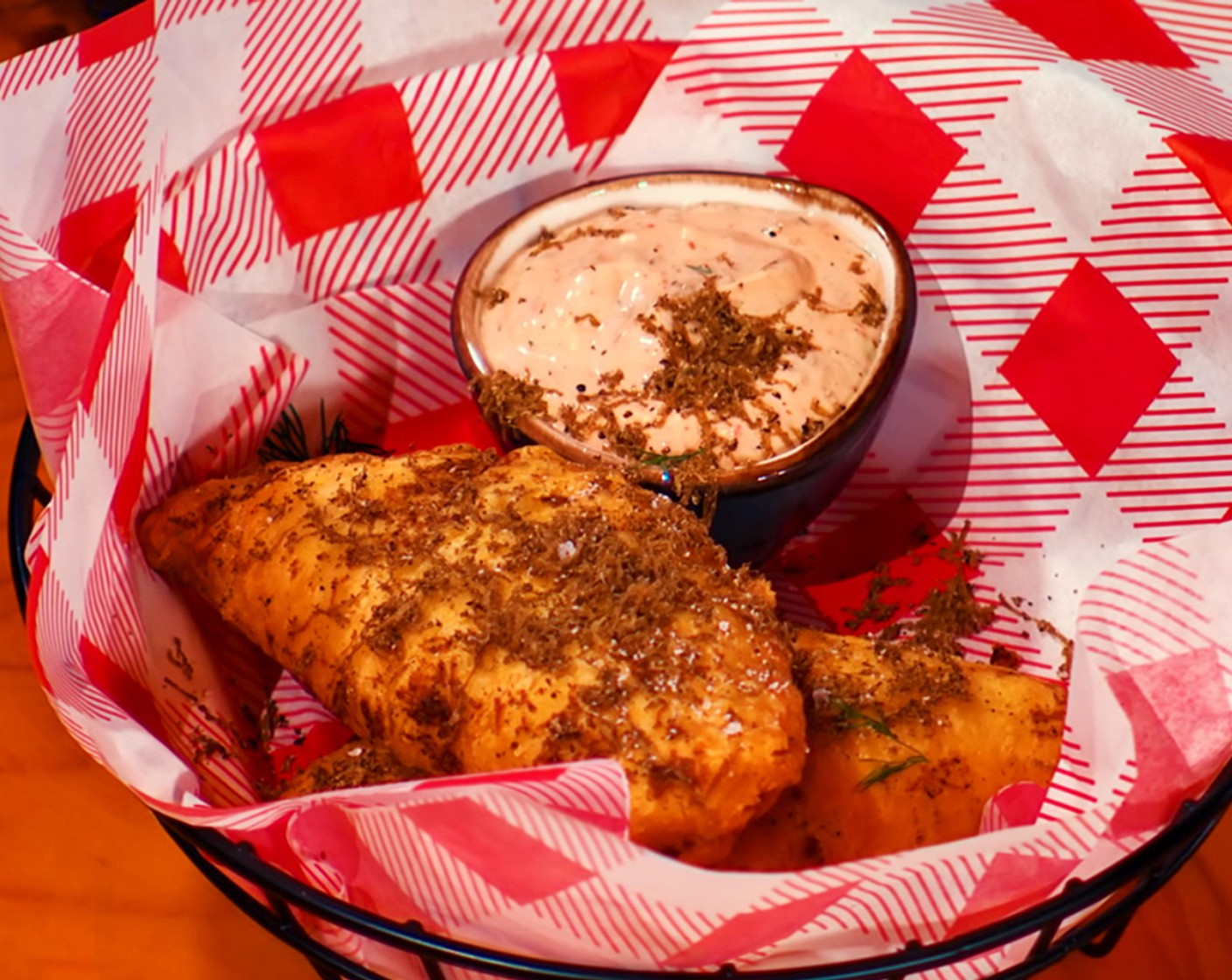 Beef and Black Truffle Empanada with Sriracha Aioli