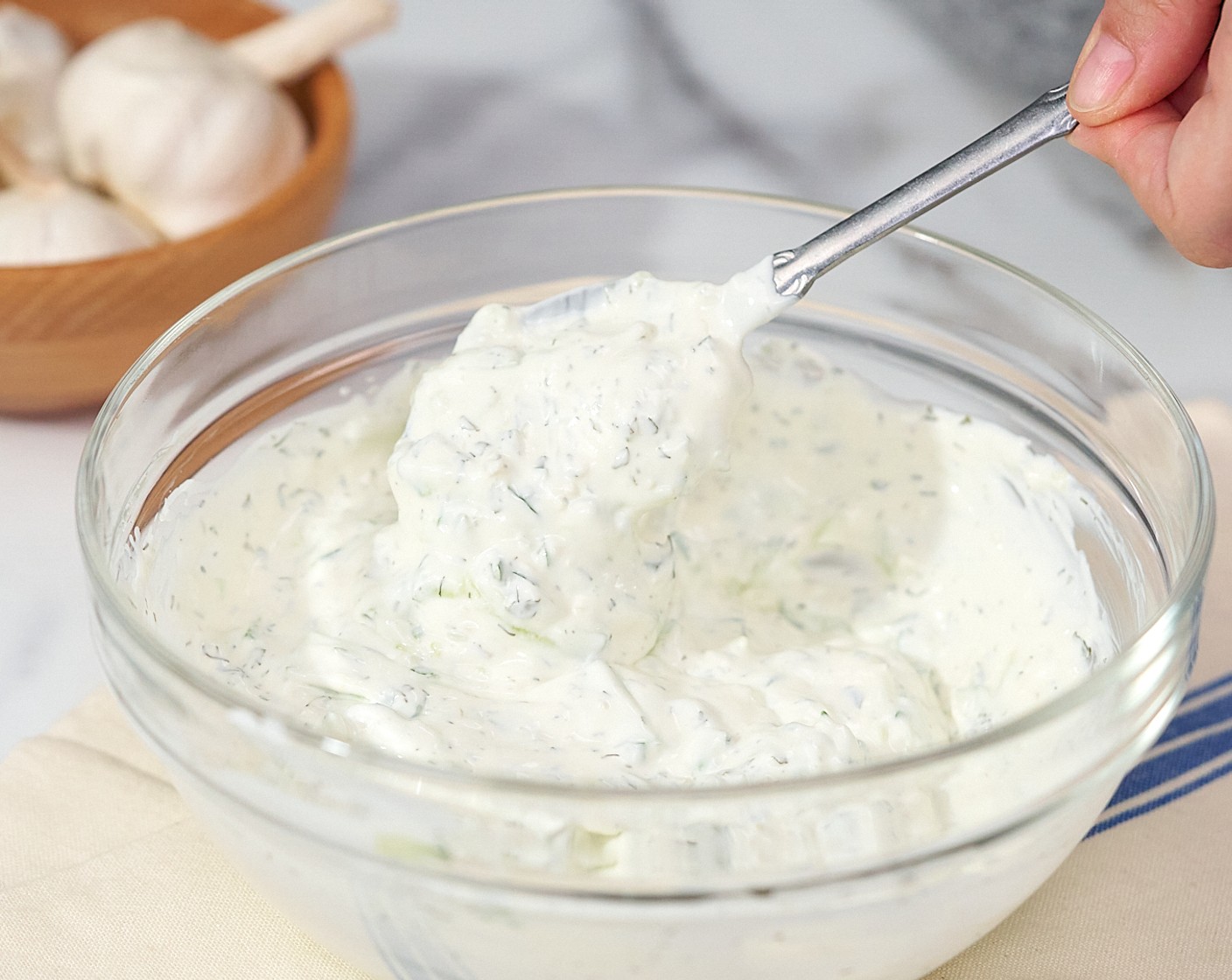 step 6 Add Greek Yogurt (1 cup), Mayonnaise (4 Tbsp), 1 Tbsp of Lemon Juice (1), Garlic (2 cloves), Dried Parsley (1 tsp), and Dried Dill Weed (1/2 tsp) to the bowl and stir to combine.