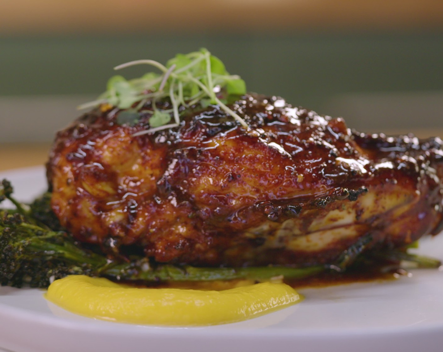 Bourbon Glazed Grilled Chicken with Butternut Puree and Charred Broccolini
