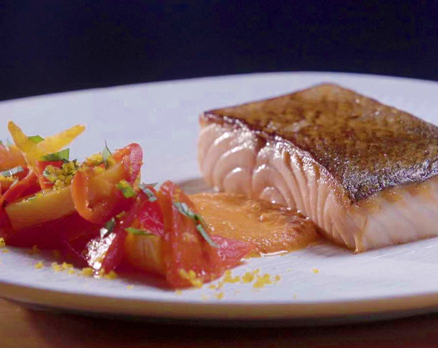 Crispy Skin Salmon with Glazed Carrots and a Macadamia Nut Romesco