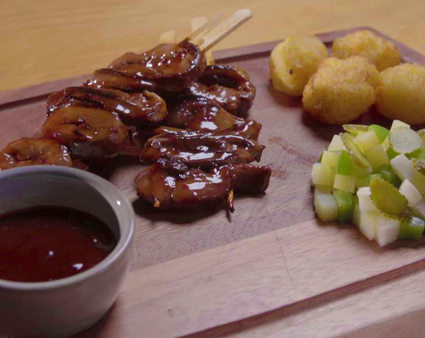 Grilled Honey and Chipotle Glazed Lamb Hearts, Red Potato Salad, Cheesy Jalapeño Sweet Corn Fritters