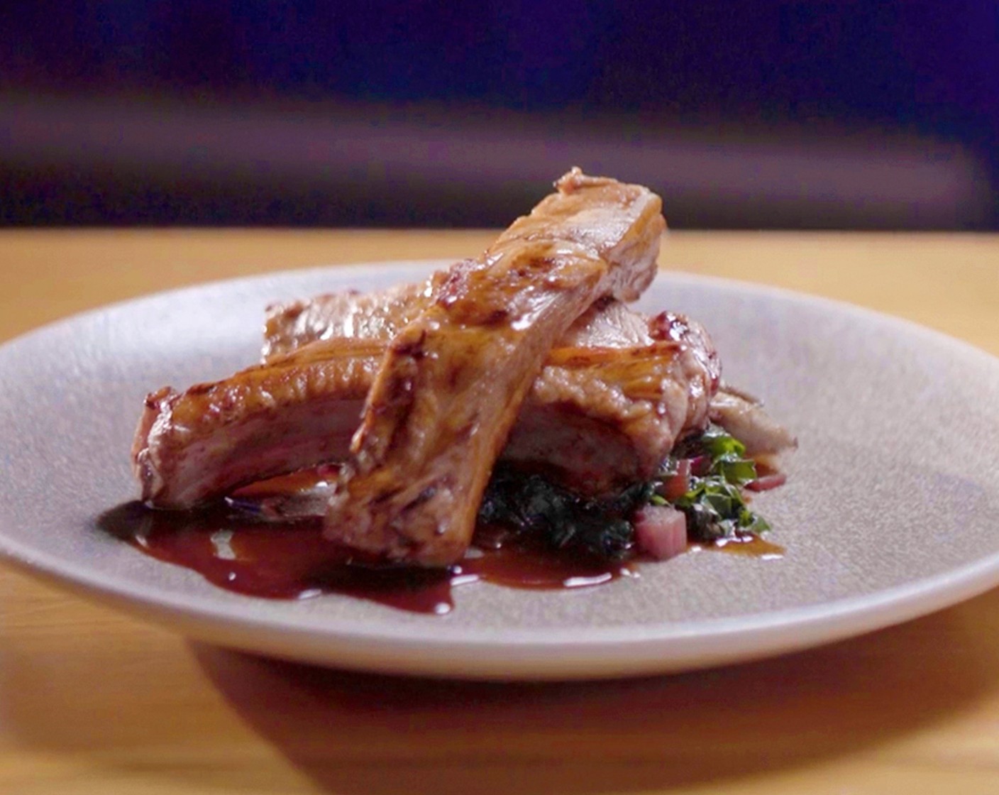 Pomegranate Sticky Ribs, Brandy Flambe Oyster Mushrooms with Crispy Fingerling