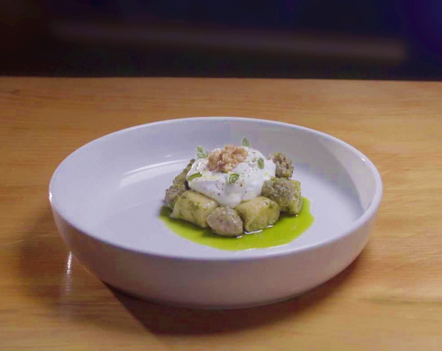 Ground Sausage Parisian Gnocchi with Walnut Pesto and Spicy Salami